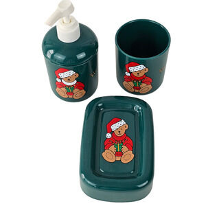 Vintage set 3 piece green bathroom set soap dish lotion dispenser cup teddy bear